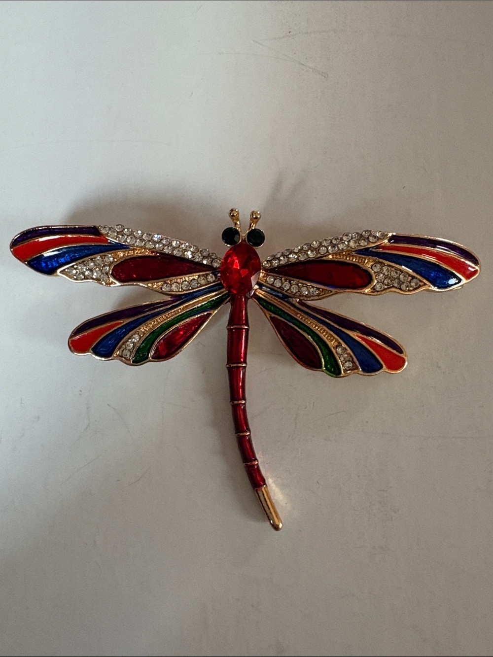 Colorful Dragonfly Enamel & Rhinestone Brooch